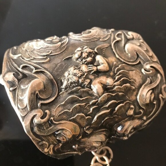 Kissing Cherub Wide Sterling Silver Cuff Bracelet Unger Brothers Angel Putti - Picture 10 of 13